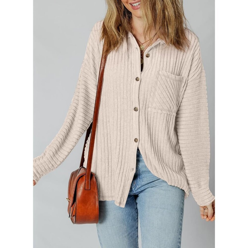 Women's Long Sleeve Beige Button Down Jacket Shirts Loose Sweater Blouses Tops - Picture 2 of 9